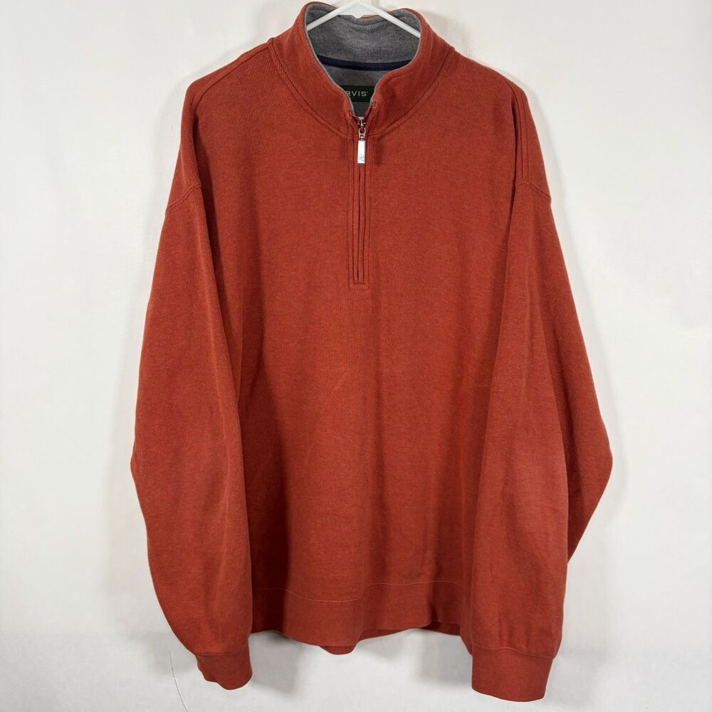 Orvis 1/4 Zip Pullover Sweater Mens Size XL Orange Ribbed Knit Cotton Relaxed